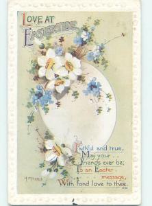 Pre-Linen easter signed H. MORRIS - EGG & FORGET-ME-NOTS & WHITE FLOWERS hr2517