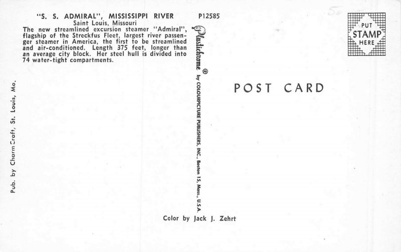 ST LOUIS MO MISSOURI~S S ADMIRAL~STREAMLINED EXCURSION STEAMER POSTCARD