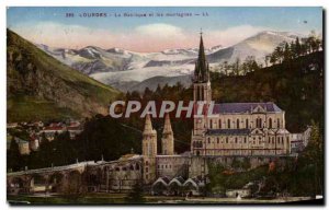 Old Postcard Lourdes Basilica and Mountains