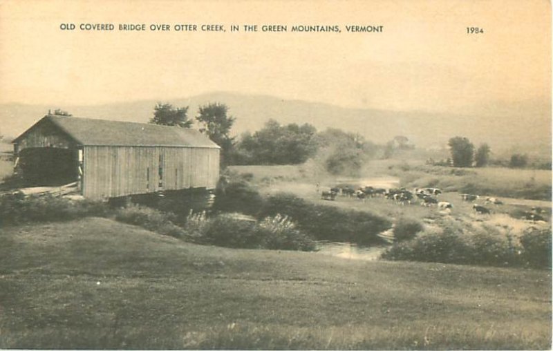 Otter Creek and Covered Bridge, Green Mountains, Vermont B&W Postcard