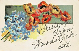 WOODSTOCK ILLINOIS~GREETINGS FROM-WRITTEN IN GLITTER~1910s POSTCARD