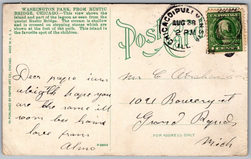 Vtg Chicago Illinois IL Washington Park View From Rustic Bridge 1910s Postcard