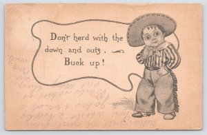Comics~Boy Dressed As Cowboy Don’t Herd with Down & Outs B&W~Vintage Postcard