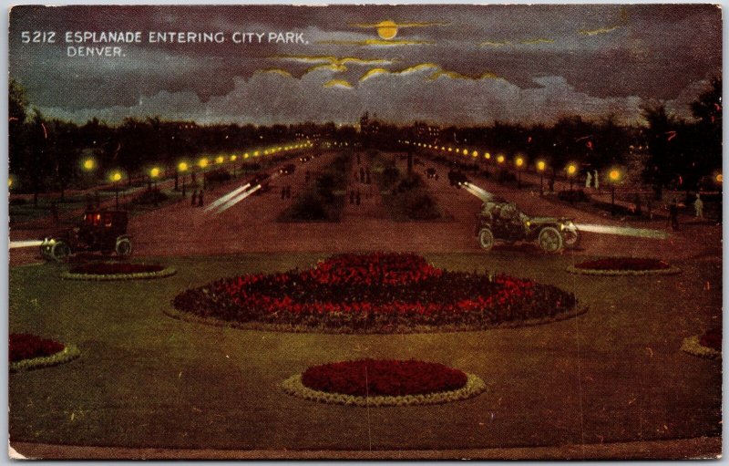 Esplanade Entering City Park Denver Colorado CO Flower Beds Trees Postcard