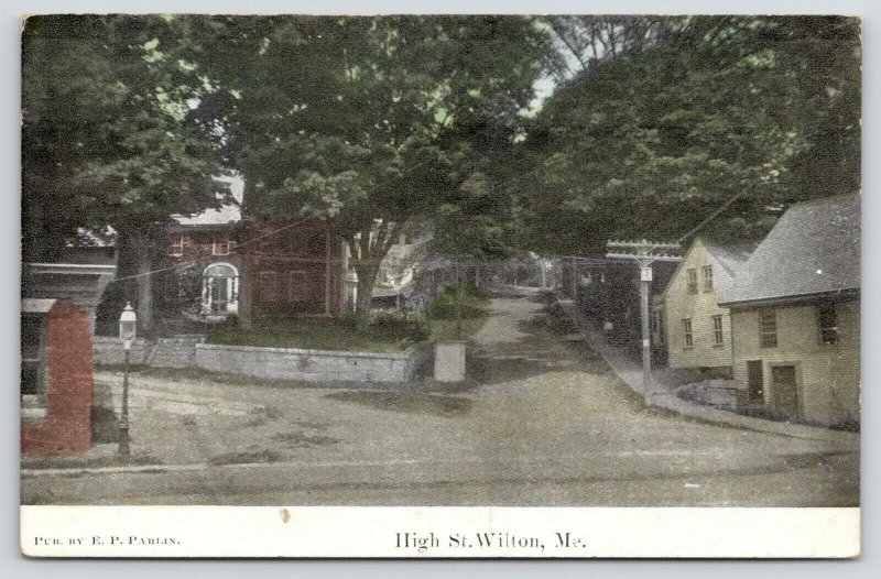 Wilton Maine~High Street~Homes on Y Intersection~Uphill~Sidewalk Walls~1915 PC 