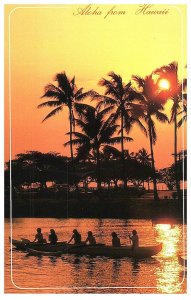 Outrigger Canoeing at Dusk Framed w Palm Trees Sunset Hawaii Postcard