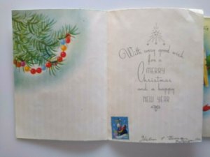 Christmas Greeting Cards Lot Of 2 Vintage Cute Baby Swinging From Tree 1946