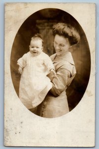 c1910's Smiling Mother And Baby Studio RPPC Photo Antique Unposted Postcard