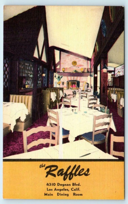 LOS ANGELES, CA California THE RAFFLES Restaurant c1940s Roadside Linen Postcard