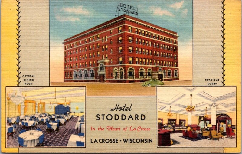 Linen Postcard Multiple Views of Hotel Stoddard in La Crosse, Wisconsin