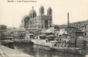 France navigation & sailing topic postcard Marseille St Jean chanel barrel barge