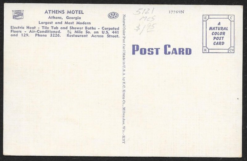 Athens Motel Athens Georgia Unused c1940s