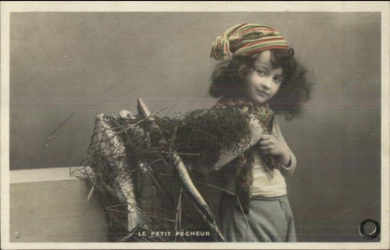 Little Boy Long Hair Fisherman LE PETIT PECHEUR Tinted Real Photo Postcard 