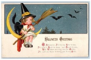 Halloween Greetings Girl Witch Black Cat Crescent Moon Knoxville TN Postcard