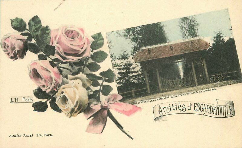 c1910 Esgardenville France Hand Colored Rose Floral Inset L.H. Paris Postcard