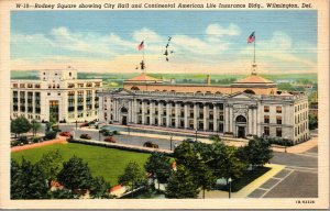 Vtg 1940s Rodney Square City Hall Wilmington Delaware DE Linen Postcard