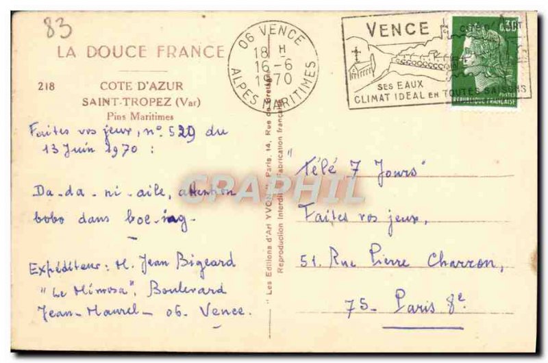Old Postcard Cote D & # 39Azur Saint Tropez Pins Maritimes