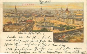 Litho 1899 Sweden Stockholm panorama artist postcard 