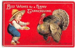 Ellen Clapsaddle HAPPY THANKSGIVING Boy & Turkey 1909 Antique Greetings Postcard