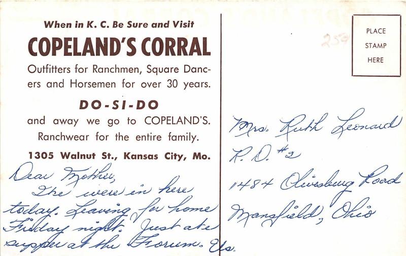 F33/ Kansas City Missouri Postcard c1950s Ranch Clothes Store Copeland's Corral