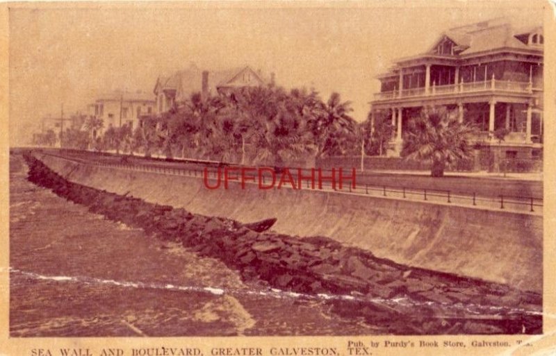 SEA WALL AND BOULEVARD, GREATER GALVESTON, TEX. pub by Purdy's Book Store