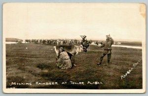 Alaska Teller RPPC Milking Raindeer sic Photo Vintage Postcard G