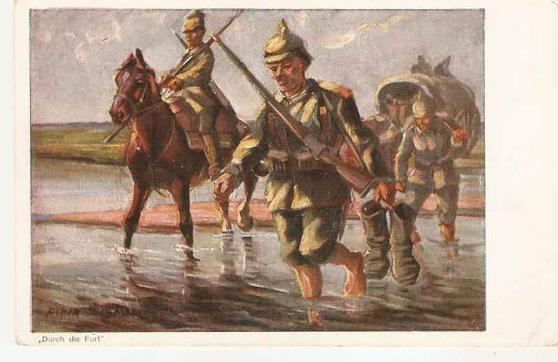 German soldiers crossing river. Horse Nice antique German postcard