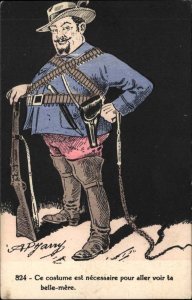 Mother-In-Law Comic Humor Man Armed Guns Bandolier c1915 Postcard