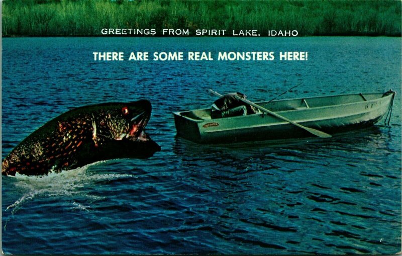Comic Fish Exaggeration Greetings From Spirit Lake Idaho UNP Chrome Postcard B1