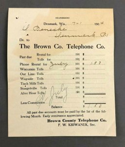 1914 Brown Country Telephone Company Denmark WI Bill Invoice Receipt 