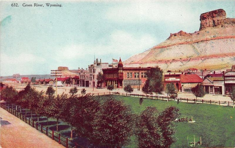 Green River Wyoming~Street Scene~Meat Market~Bakery~Drug Store~Park(?)~c1910 Pc