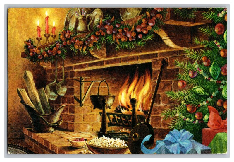 c1992 Postcard Warm Christmas Greetings Continental View Card Fireplace