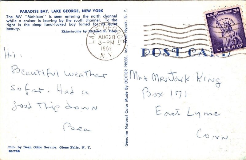 Paradise Bay Lake George New York MV Mohican Postcard PM Lake George NY Cancel 