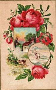 c.1880s Victorian Trade Card Lovely Roses Cottage Lake Scene