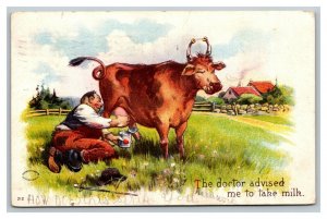 Vintage 1907 Comic Postcard Drunk Man Milking Cow on Advice of Doctor FUNNY