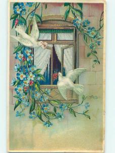 Pre-Linen WHITE DOVE BIRDS DELIVER CARD AND FLOWERS TO OPEN WINDOW HJ4831