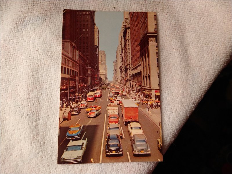 1950's 42nd Street Looking West, NYC, New York Cars Chrome Postcard