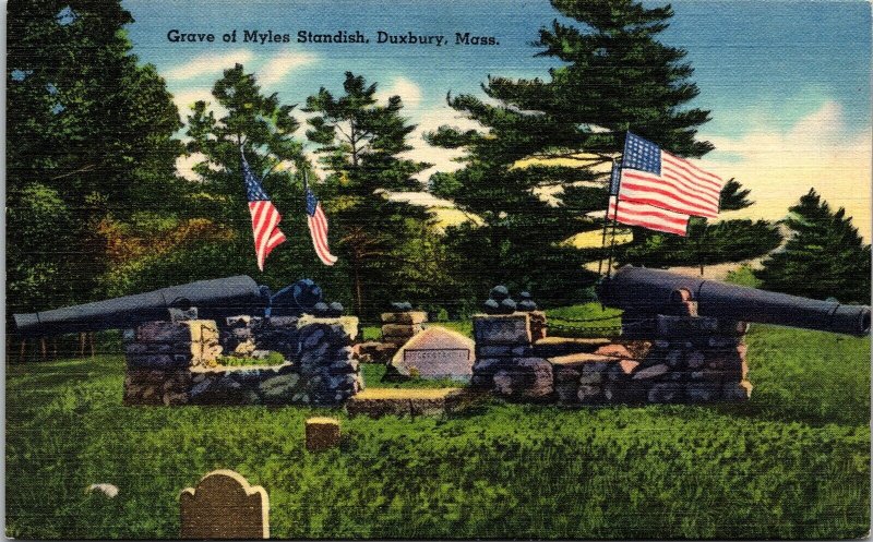 Myles Standish Memorial Gravesite Duxbury Massachusetts Linen Postcard 