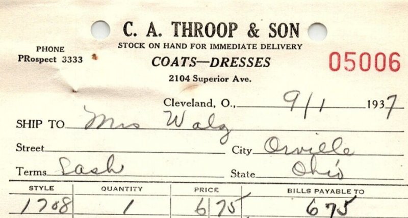 1937 C.A. THROOP & SON COATS-DRESSES CLEVELAND OHIO BILLHEAD STATEMENT Z1379