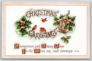 Christmas Greetings~Birds & Holly W/ Lantern~PM 1914~Embossed~Vintage Postcard