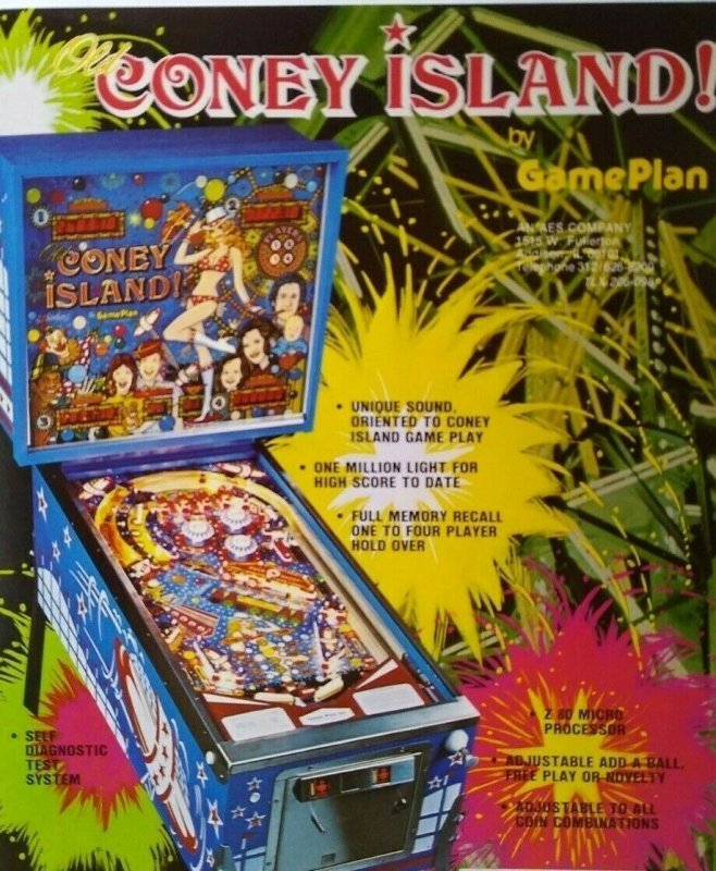 Game Plan Coney Island Pinball Flyer Original 1980 NOS Game Artwork Promo