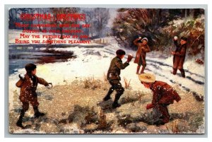 Vintage 1910's Tuck's Christmas Postcard Boys in Snowball Fight Mica Face - NICE