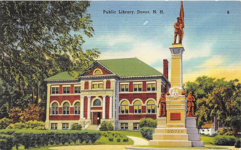 Dover New Hampshire~Public Library~Civil War Monument in Front~1951 Linen Pc