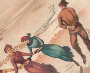 1880s-90s Victorian Trade Card Ladies & Curious Man Ice-Skating Winter Scene #7C
