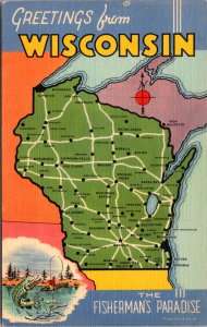 Linen Postcard Greetings from Wisconsin The Fisherman's Paradise Roads Highways