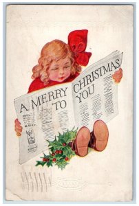 c1920's Merry Christmas Girl Reading Newspaper Berries Frederick MD Postcard