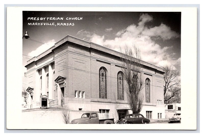 Presbyterian Church Marysville Kansas RPPC Postcard Old Truck & Cars