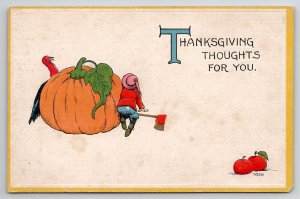 Thanksgiving Greetings Boy Hatchet Turkey Hiding Large Pumpkin Postcard K29