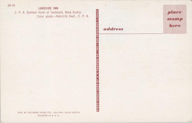 Lakeside Inn Yarmouth NS Nova Scotia Sailboat CPR Hotel UNUSED Postcard D90