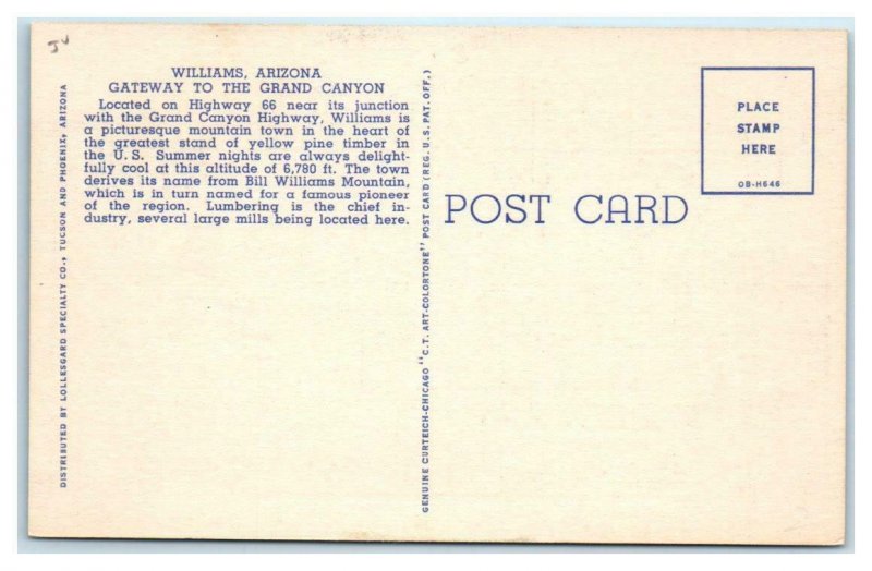 Large Letter Linen WILLIAMS, Arizona AZ ~ 1940s Curteich J.R. Willis Postcard